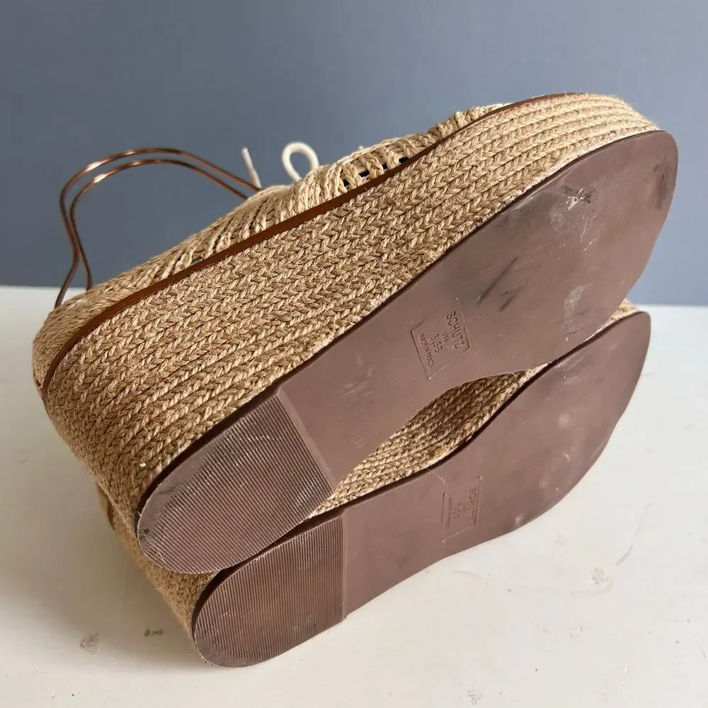 Schutz Platform Loafer wedge Size 8.5 tan Bordado rattan preppy Coastal - Picture 10 of 11